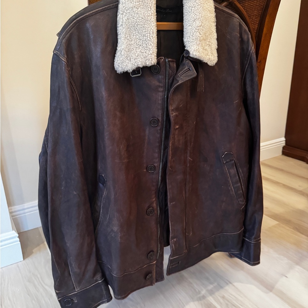 Men's Urban Zen Brown Leather Jacket with Removable Shearling Collar